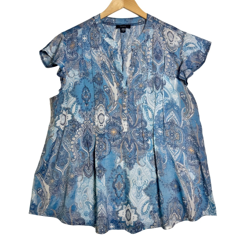 Cocomo Womens Size Large Blue Paisley Relaxed Fit Blouse Short Sleeve‎ Boho